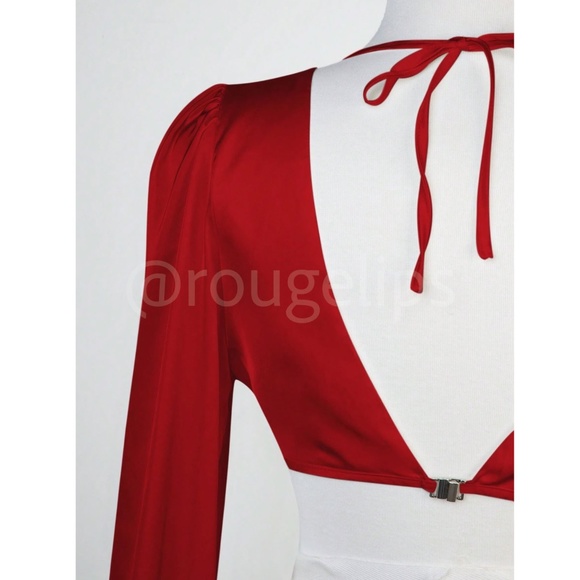 Strappy Red Satin Cut Out V-Neck Short Dress Long Lantern Sleeves Tie Neck - Picture 7 of 9